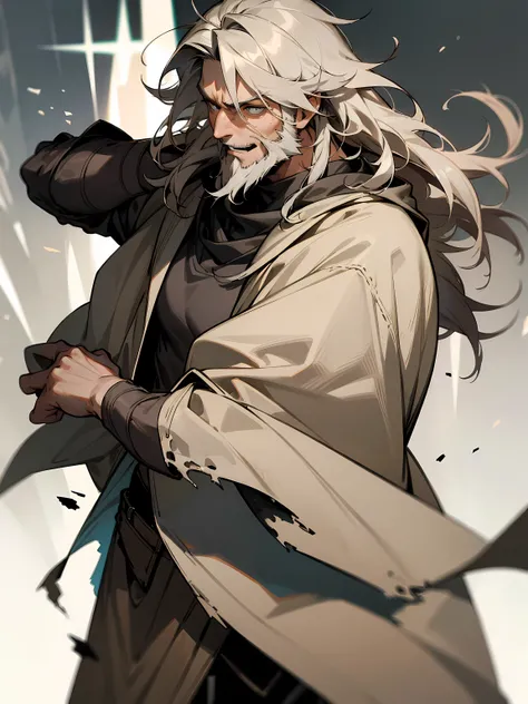 1male, adult, beige hair, long messy hair, grey poncho, grey cowl, beast eyes, battlefield, torn up clothes, confident expression, beard