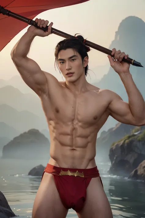 Li Shang, Mulan, top quality, (photorealistic: 1.4), handsome young man, smirking, wearing red only Loincloth, big bulge, abs, Chinese long sword, Chinese traditional tent, mountain background, detailed, best quality, 8k