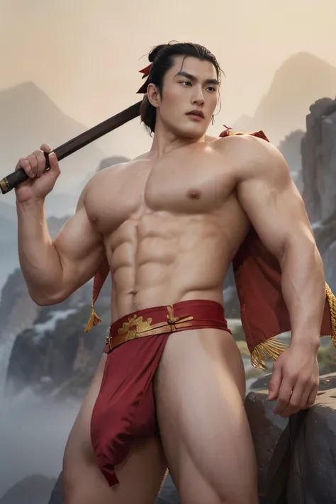 Li Shang, Mulan, top quality, (photorealistic: 1.4), handsome young man, smirking, wearing red only Loincloth, big bulge, swelling muscular man, abs, Chinese long sword, Chinese traditional tent, mountain background, detailed, best quality, 8k