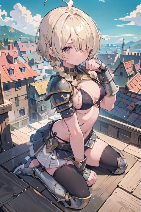 masterpiece, medieval townscape　horizon　Upper body　girl　((((bikini armor))))　skirt　Thighhighs　, ((paw pose))　clear　blonde　((((((hair over one eye)))))), Braid Styles, spiked hair, blunt bangs, bob hair, a braid, Ahoge　red eyes　looking at the viewer,　((shy)...