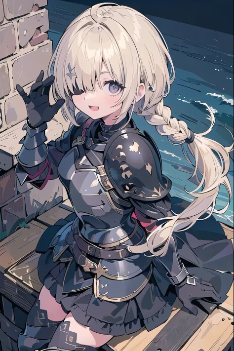 masterpiece, medieval townscape　horizon　Upper body　girl　((((dark black knight armor))))　skirt　Thighhighs　, ((wave hands))　clear　blonde　((((((hair over one eye)))))), Braid Styles, spiked hair, blunt bangs, bob hair, a braid, Ahoge　red eyes　looking at the v...