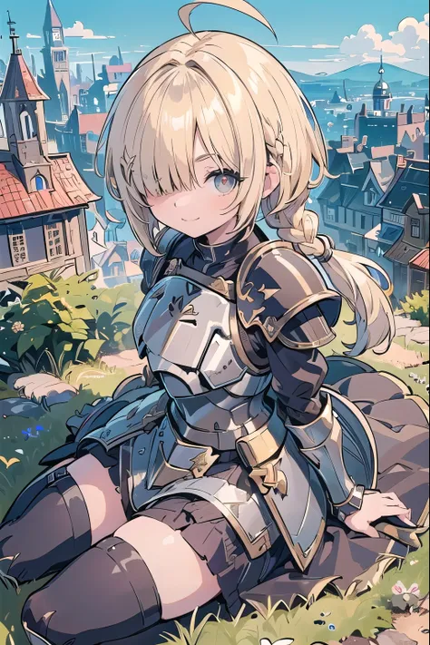 masterpiece, medieval townscape　horizon　Upper body　girl　((((armored dress knight))))　skirt　Thighhighs　, sitting　crossed legs,　clear　blonde　((((((hair over one eye)))))), Braid Styles, spiked hair, blunt bangs, bob hair, a braid, Ahoge　red eyes　looking at t...