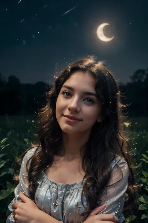 (best quality,4k,8k,highres,masterpiece:1.2),ultra-detailed,realistic:1.37,a young girl marveling at the beauty of the radiant night, as the stars twinkle in the sky and the moon illuminates her face,illustration,night garden,happy expression,girlwithcurly...