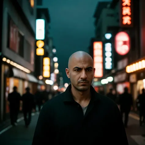 arafed man in a black shirt standing in a city street, man walking through city, portrait featured on unsplash, standing in a city street, human staring blankly ahead, a man wearing a black jacket, mid shot portrait, sad man, portrait of bald, in a tokyo s...