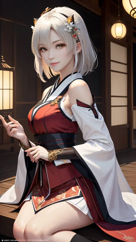 masterpiece , highest quality,close up of face,smile,stand firmly on the ground with both feet,look at the camera,whole body facing forward,bright white hair,sharp contrast,short hair,美しいフォルムのshort hair,just one person,precision quality,, masterpiece, japa...