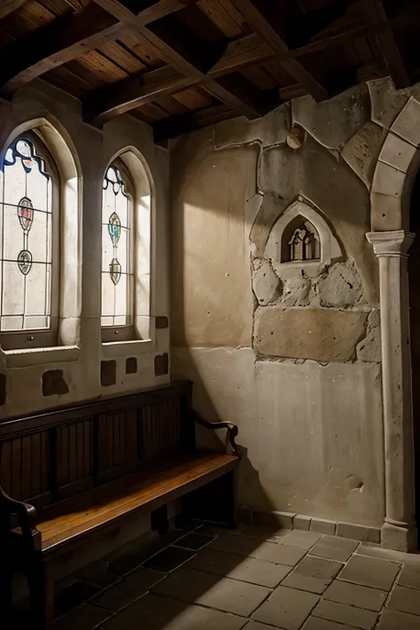 gothic small chapel interior, decoration in medieval corners, elementos vegetalistas, cores cinzento e branco