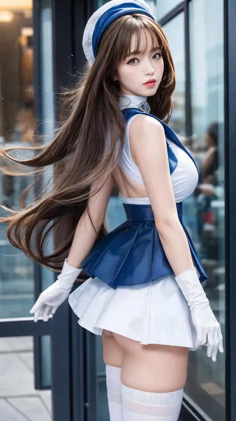 ((best quality)), ((masterpiece)), ((1girl)), solo, Ferry, ((long hair)), FerryBase, ((thighhighs)), bare shoulders, ((jewelry)), ((sleeveless)), white dress, blue skirt, ((gloves)), thigh-high, from behind. Big breasts and slender body 