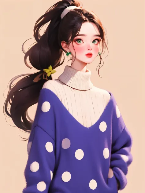 (masterpiece, best quality:1.2),illustration art，watercolor painting，black irregular lines，a beautiful girl，Skin detail processing，The eyes are finely described，Delicate hair，ponytail，black high-neck sweater，White geometric pattern，Sweater details，hairy，Wa...