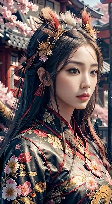 beautiful woman, realistic, close up shot, she gaze direct to camera, Dragon and Cherry Blossom Fusion: Combine the symbolism of dragons with the beauty of cherry blossoms in a portrait of a Vietnamese woman. Picture her wearing an ao dai adorned with drag...