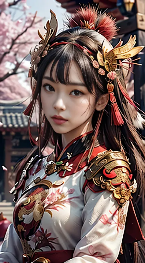 Close up shot, Dragon and Cherry Blossom Fusion: Combine the symbolism of dragons with the beauty of cherry blossoms in a portrait of a Vietnamese woman. Picture her wearing an ao dai adorned with dragon patterns, surrounded by blooming cherry blossoms. Th...