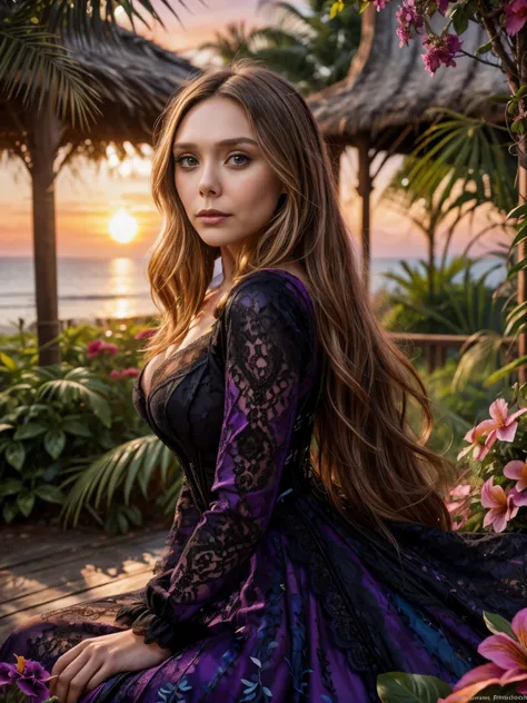 foto hiperrealista en primer plano de elizabeth olsen masterpiece, best quality, (photorealistic:1.4), (purple evening dress wit...