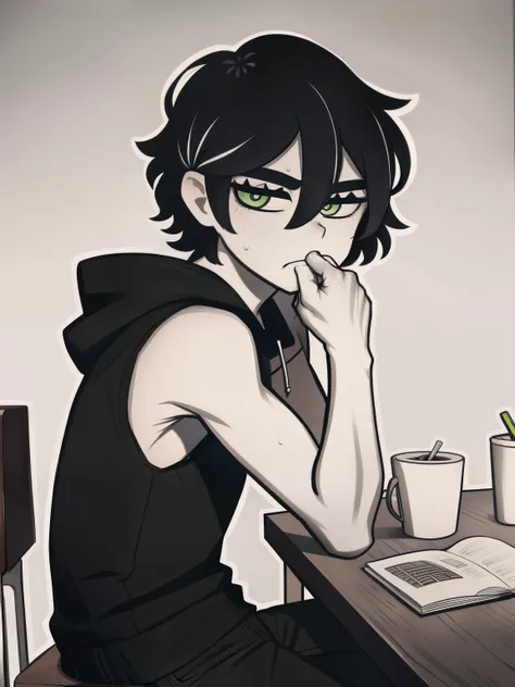 highres, monochrome,tcoaal, solo, looking at viewer, short hair, shirt, 1boy, Andy graves, hair between eyes, closed mouth,black hair, green eyes, Body, Sleeveless hoodie, seen from the side, Sitting in a chair, Hands on the table, Eating, male focus, Swea...