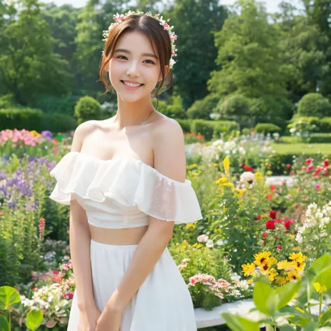 highest quality, masterpiece, ultra high resolution, (realistic:1.4), RAW photo, 1 girl, white dress, off shoulder, flower garden, glowing skin, light smile,G cup,Navel exposed,anime,bikini,sweaty