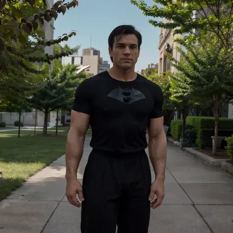 Bruce Wayne, Really musclar man, dhirt black hair, Playboy, pretty, classic 80s hair, short black hair, outside, standing up straight, cute man, close up, man, musclar thighs, big thighs, big biceps,