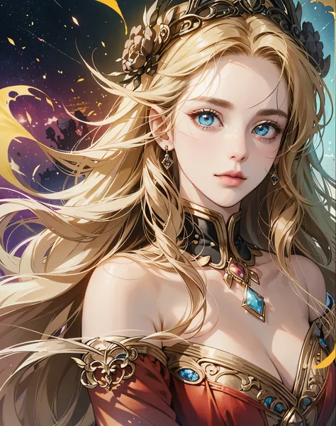 Lady Ariadne of Etreal, a young woman of striking beauty with an ethereal quality, embodying hope against the dark reign of her mother, Empress Seraphina. She has deep, vivid blue eyes reflecting innate purity and strength, and her soft, golden hair glimme...