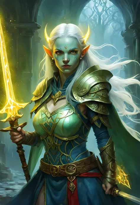 fantasy art, dnd art, RPG art, wide shot, (masterpiece: 1.4) a (portrait: 1.3) intense details, highly detailed, photorealistic, best quality, highres, GlowingRunesAI_yellow, portrait a female (fantasy art, Masterpiece, best quality: 1.3) bl3uprint ((blue ...