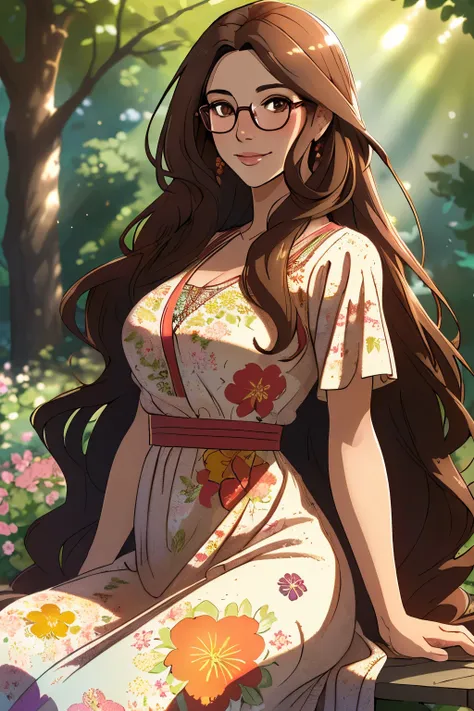 (best quality,ultra-detailed),beautiful brunette,long flowing hair,brown eyes,stylish glasses,wearing a floral dress in a garden,(vibrant colors,colorful),soft sunlight filtering through the trees,subtle bokeh effect,serene atmosphere