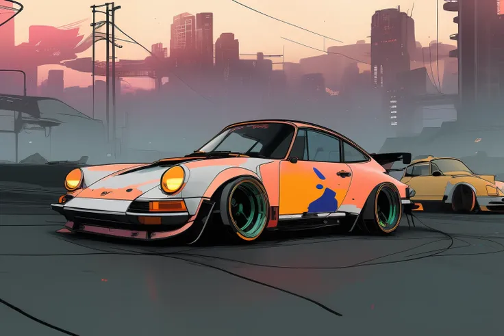 nvinkpunk, painting of gautam city with a porsche 911 rwb rotting,wide bodykit, high quality,