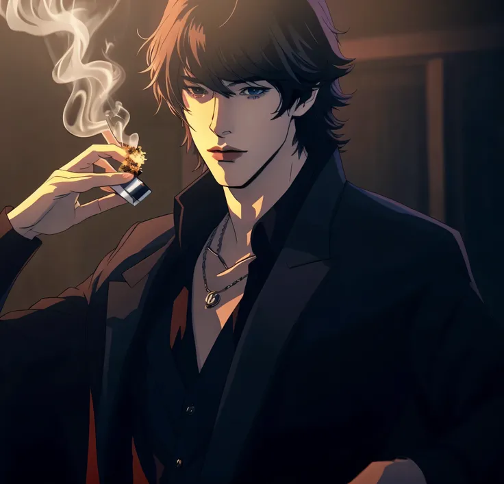 there is a man smoking a cigarette in a dark room, manhwa, delicate androgynous prince, beautiful androgynous prince, high quality fanart, anime handsome man, highly detailed exquisite fanart, in the art style of bowater, handsome guy in demon slayer art, ...