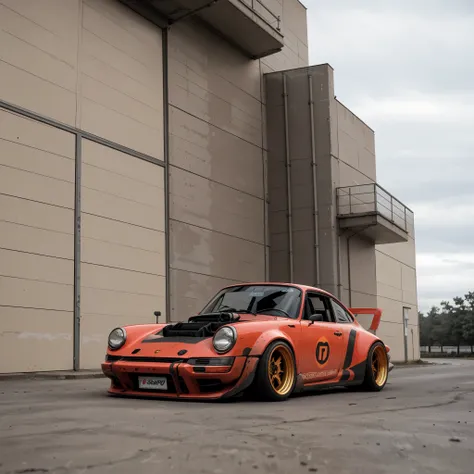 a photo of a rusty porsche 911 rwb (zeekars), 3/4 front view, survival, post-apocalyptic, cyberpunk, outdoors, night, destruction, urban decay, masterpiece, photorealistic, 8k, high detail, dark theme,