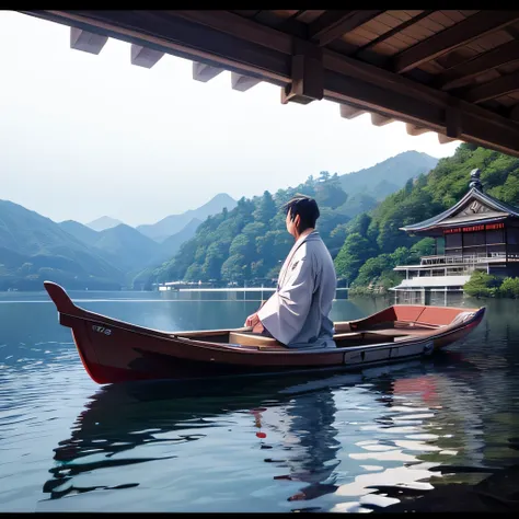 lake, A boat approaches from a distance, Japan history, stand up ship, a man is riding, kimono, 3D, anime, manga, man wearing white kimono, turn towards me,