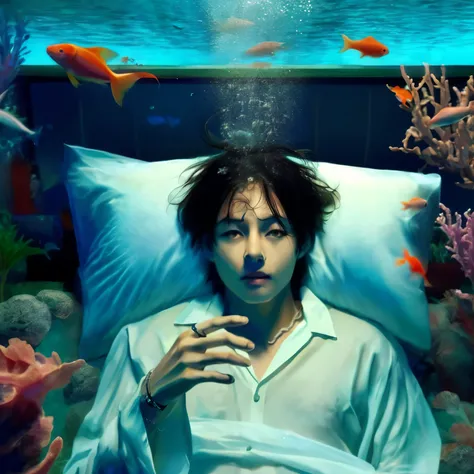 there is a man laying in bed with a pillow and a fish tank, ( ( ( aquarium bed ) ) ) ), masami kurumada, japanese live-action movie, !! takeshi amano!!, inspired by Yanagawa Nobusada, dreamlike surrealism, steven jung, dreamy psychedelic anime, japanese po...