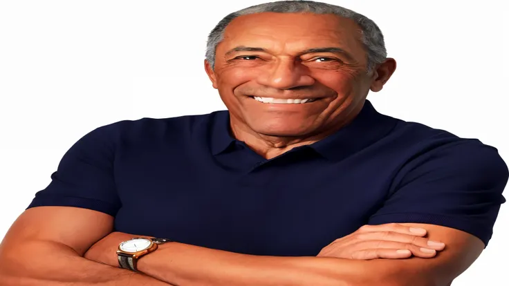 An older man with a navy blue shirt and a watch smiles at the camera with his arms crossed.