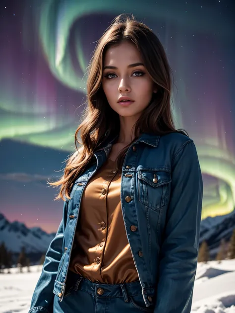 beautiful lady with brown eyes, (satin romper:1.1), denim jacket, snowy background, northern lights, seductive look, cinematic, hyper realistic, detailed, brown eyes