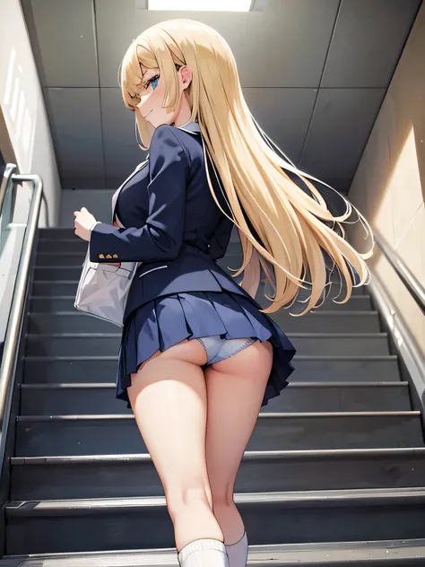 (1) Composition looking from below at a woman climbing the stairs.
(2) women&#39;s skirts are short、Blue lace panties are almost visible.
(3) That woman is a high school student, She is wearing a uniform of a blazer, miniskirt, and loose socks..
(4) woman ...