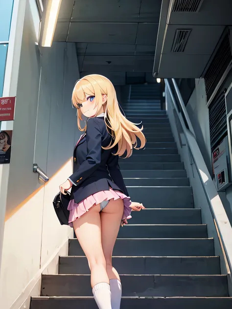 (1) Composition looking from below at a woman climbing the stairs.
(2) women&#39;s skirts are short、Shocking pink lace panties are almost visible.
(3) That woman is a high school student, She is wearing a uniform of a blazer, miniskirt, and loose socks..
(...