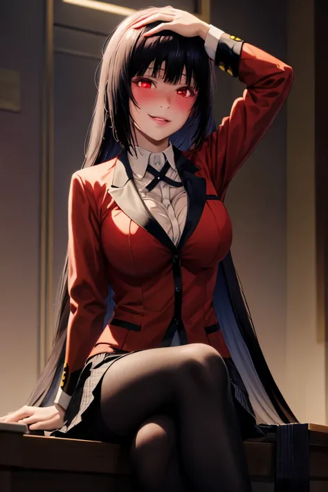 masterpiece, best quality, highres, hmjy1, long hair, blunt bangs, school uniform, red jacket, black pantyhose, white shirt, black ribbon, pleated skirt, long sleeves, cowboy shot, glowing eyes, blush, evil smile, sitting, classroom, dark background, cross...