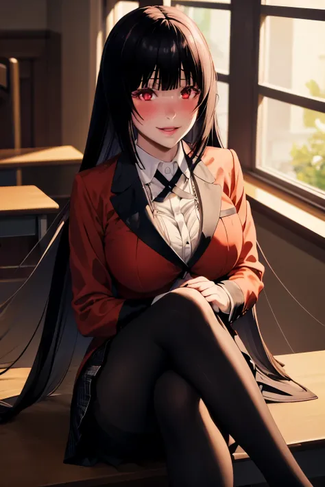 masterpiece, best quality, highres, hmjy1, long hair, blunt bangs, school uniform, red jacket, black pantyhose, white shirt, black ribbon, pleated skirt, long sleeves, cowboy shot, glowing eyes, blush, evil smile, sitting, classroom, dark background, cross...