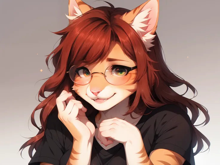 Solo:1.5, By fumiko, by hyattlen, by hioshiru, Sam, tabby cat, orange fur, furry girl, green eyes, long red hair, cute cat snout , pink nose, naked, small breasts, wearing black shirt, big round glasses, bashful smile, looking embarrassed, looking away, fe...