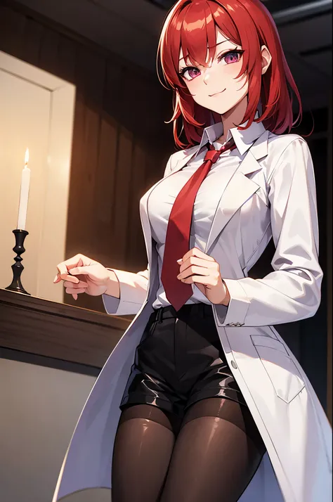 Nishikino maki, red hair,Purple eyes, big breasts, bangs,white shirt, short black shorts, dark brown pantyhose, necktie, opened lab coat, slightly smile, standing, dark room lightened by candlelight