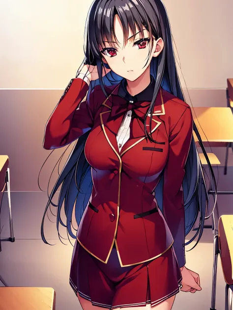 a woman in red school uniform,black hair, red eyes, classroom
masterpeace, best quality, (extremely detailed CG:1.4), highly detailed faces