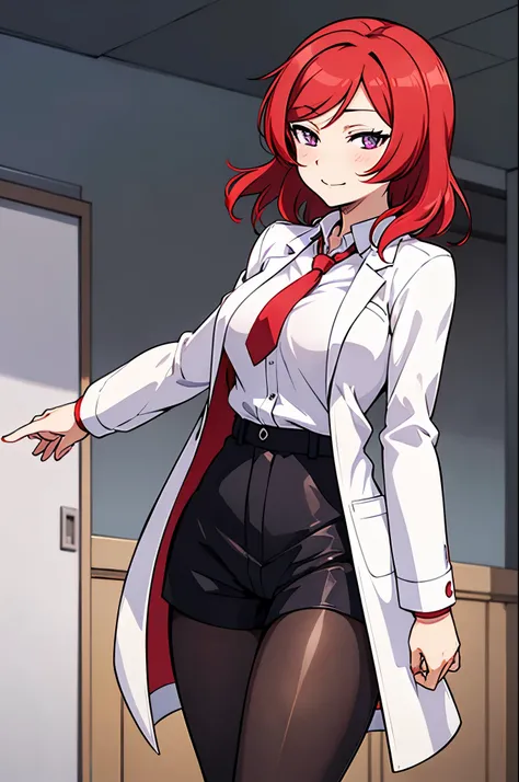 Nishikino maki, red hair,Purple eyes, big breasts, bangs,white shirt, short black shorts, dark brown pantyhose, necktie, opened lab coat, slightly smile, standing