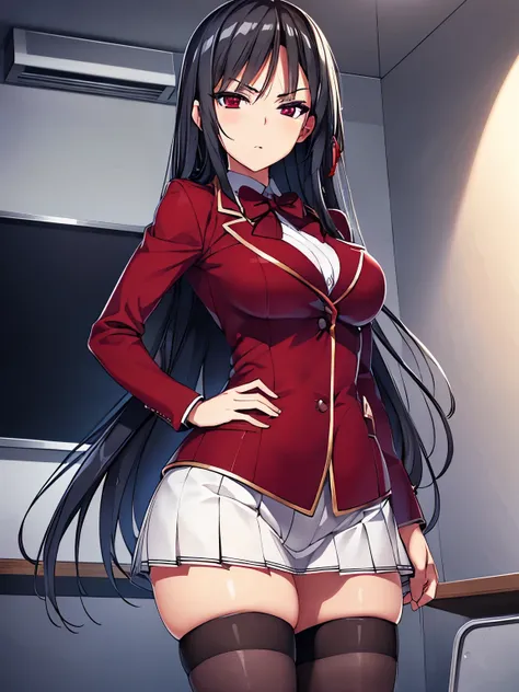 a woman in red school uniform,black hair, red eyes, classroom
masterpeace, best quality, (extremely detailed cg:1.4), highly det...