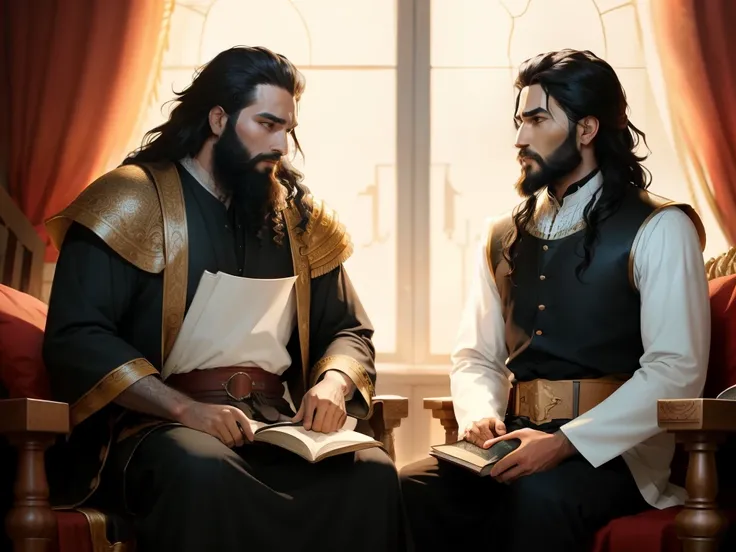 There is a king with a beard and black hair sitting on a bed. There are two servants standing with a book in their hand. biblical costumes. biblical style. biblical setting.