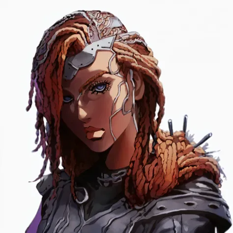 Stone Ocean, masterpiece, best quality, portrait, 1 girl, pale skin, red hair dreadlocks, Black eyes, Indifferent, self-confident