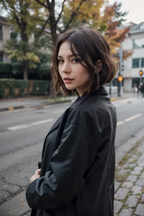 Casual side photo of 35 years old Russian Asian woman with Bob haircut in coat