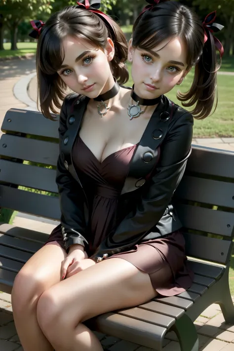 (2heads:1.3), (masterpiece, best quality), intricate details, 1girl, marnie_pokemon, choker, red ribbon, black choker, dress, jacket, black jacket, black nails, pale skin, pokemon, outdoors, sunny, sitting on bench, legs crossed, crossed legs, beautiful, c...