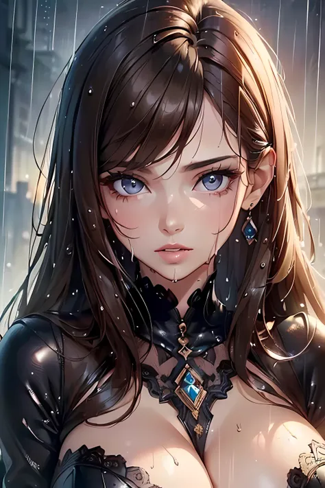 ((highest quality, 8K, masterpiece :1.3)), Beautiful woman, 1 girl, huge breasts :1.3, slender body shape :1.2, dark brown hair, (rain, wet from rain, wet body :1.1), super detailed face, detailed lips, fine eyes, double eyelid