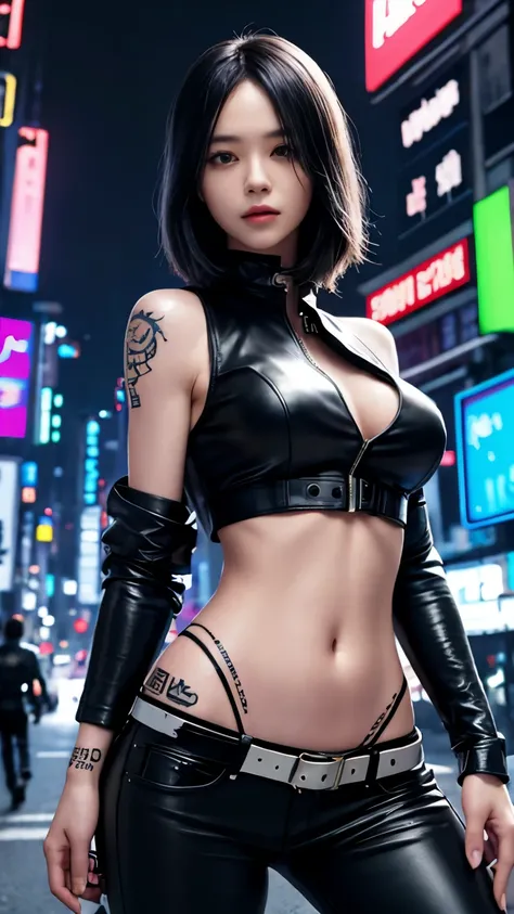 highest quality，masterpiece，Super detailed，8K, UHD，Beautiful woman，japanese woman，Expressionless，(Topless)，whole body，((tattoo))，slim，black leather pants，black leather vest，(female mafia)，gangster，(cyberpunk city)，night，cinematic lightening，movie poster，un...