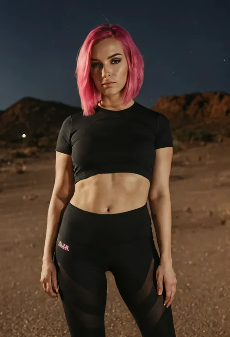 sharp raw photo {Young woman, pink hair, Russian, in sportswear, T-shirt, leggings}, completely covered, Hyperrealism, 8к HD, desert background, Dramatic at night, Automotive Light, realistic skin texture, defective skin, Shot on iPhone 15, portrait , look...