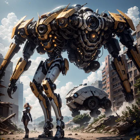 ((melhor qualidade)), ((obra de arte)), (muito detalhado: 1.3), 3D, Shitu-Mecha, Beautiful cyberpunk woman wearing crown with her mecha in the ruins of a city in a forgotten war, Cabelo longo prateado, Science fiction technology, HDR (High-range dynamics),...