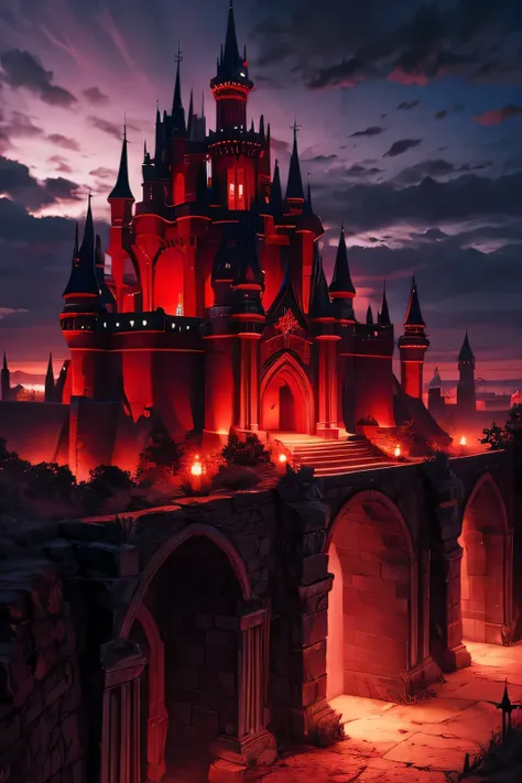 fairy castle, dark, red, blood, crimson, night sky, fantasy, demon castle