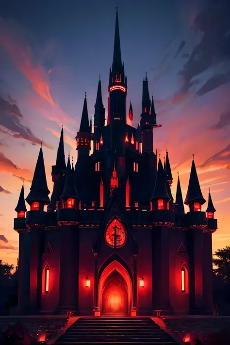 fairy castle, dark, red, blood, crimson, night sky, fantasy, demon castle