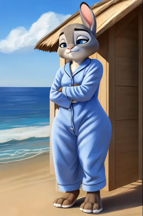 judy hopps,realistic fur,sleeping pajamas,thick paws,thick thighs,standing,bright blue eyes,beach,masterpiece HIFI,thick thighs
