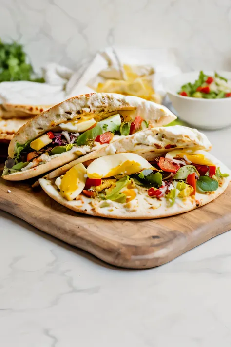 there are two pita breads on a cutting board with a bowl of salad, high quality food photography, professional food photography,...