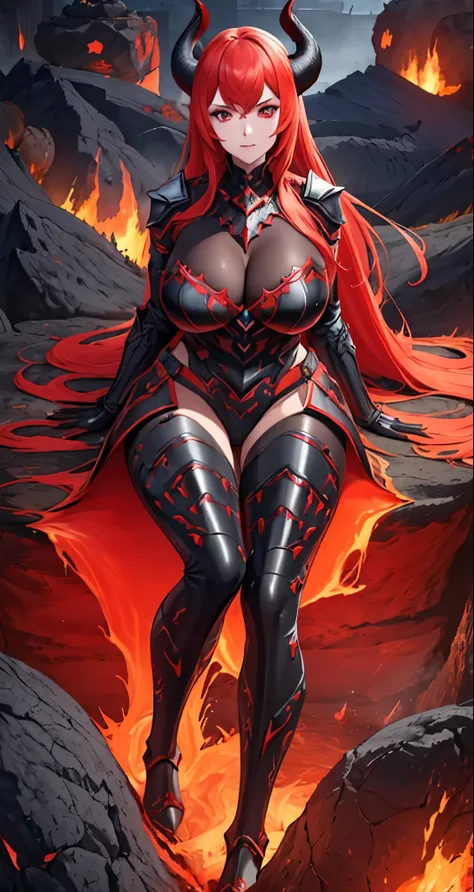 ((best quality)), ((masterpiece)), (detailed), perfect face, 1girl, solo, black and red armour, horns, ashes, molten lava, fire breath, large breasts, black legwear